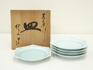 快山窯造　青白磁六角波文銘々皿5客（共箱）